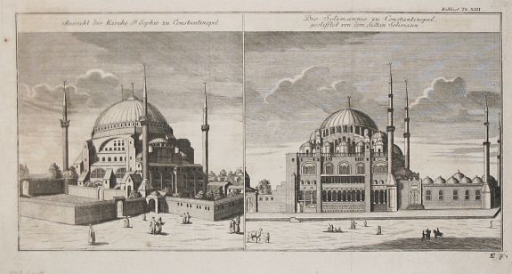 Anonym, German., Aussicht der Kirchie St. Sophie zu Constantinopel / Die Solimannie zu Constantinopel, gestifftet von den dem Sultan Solimann., antique map, old maps