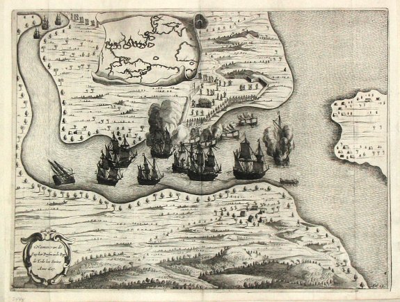 Commelin, I., t' Neemen van de Suyker Prysen in de Bay de Tode los Santos Anno 1627., antique map, old maps