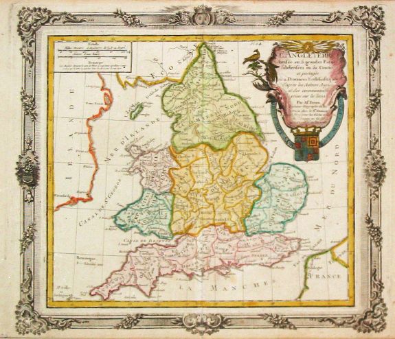 Brion de la Tour, L. / Desnos, L.Ch., L' Angleterre divises en 5 grandes Parties subsidivisees en 52 Comtes et partagee en 2 Provinces Ecclesiastiques., antique map, old maps