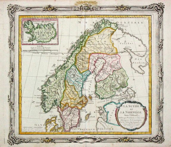 Brion de la Tour, L. / Desnos, L.Ch., La Suede et La Norwege Avec l' Islande divisee par Provinces et sous deux Metropoles Ecclesiastiques., antique map, old maps