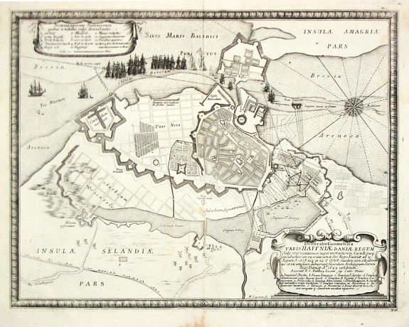 Pufendorf, S., Delineatio Geometrica Urbis Haffniae Daniae Regnum., antique map, old maps