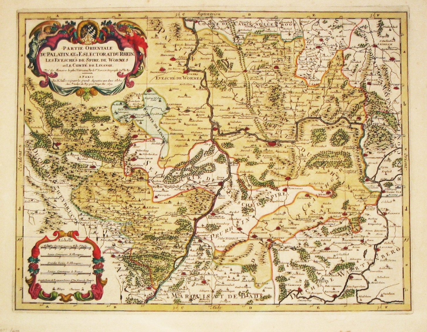 Jaillot, A.-H. / P. Mortier., Partie Orientale / du Palatinat du Rhein / Les Evesches de Spire, de Worms / et le Comte de Linange. Paris, 1692, antique map, old maps