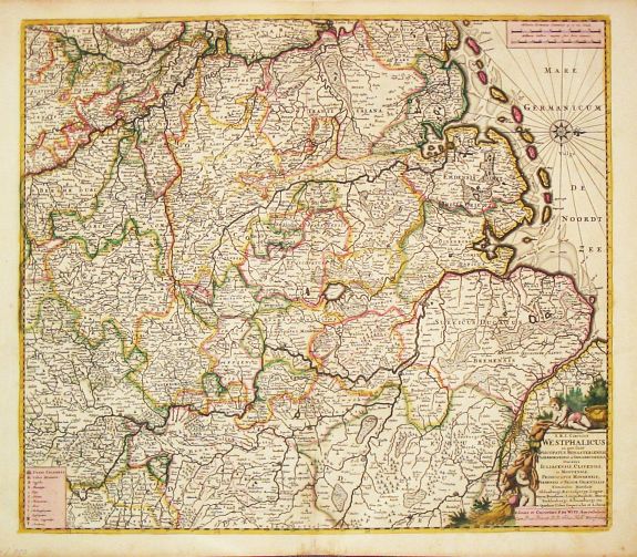 Wit, F. de., Circulus Westphalicus in quo sunt Episcopatus Monarsteriensis Paderbornensis et Osnabrugiensis, Ducatus Iuliasnensis, Clivensis, et Montensis, Principatus Mindensis, Ferdensis et Frisiae Orientalis, Comitatus Marchiae &c., antique map, old maps