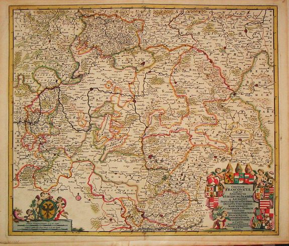 Wit, F. de., Circulus Franconia in quo sunt Episcopatus Wurtzburg, Bamberg et Aichstet.Ducatus Coburgensis, Marchionatus Cullembach et Onspach Comitatus Henneberg, Wertheim, Holach, Reinec, Papenheim, Erpach, Schwartzenberg, et Castel. Sensheim et Terr. Norinbergense., antique map, old maps