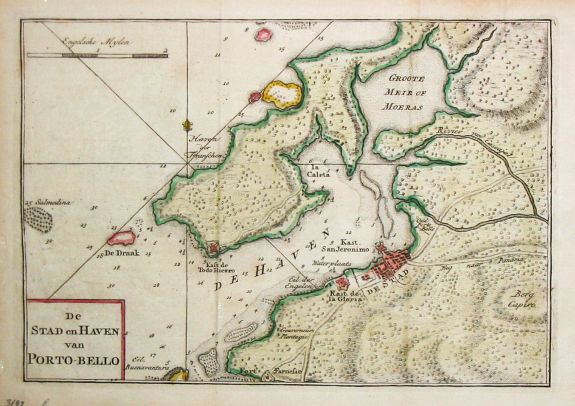 Tirion, I., De Stad en Haven van Porto-Bello., antique map, old maps