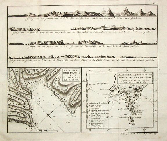 Cook, J., Carte de la Baye du Bon Succès dans le Détroit de le Maire./ Carte de la partie S.E. de la Terre de Feu comprenant le Détroit de le Maire et une part.ie de la Terre des Etats. 1769., antique map, old maps