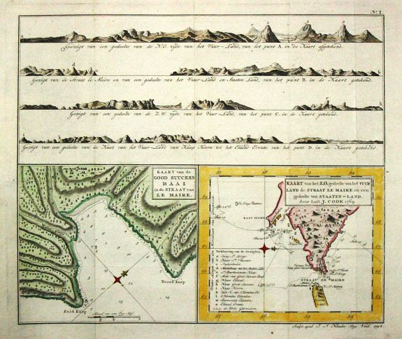 Cook, J., Kaart van de Good Success Baai in de Straat van le Maire. / Kaart van het Z.O.gedeelte van het Vuurland de Straat Le Maire en een gedeelte van Staaten-Land 1769., antique map, old maps