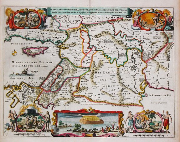 Visscher, N. / D. Stoopendaal., De Gelegentheyt van t' Paradys en t' Landt Canaan, mitsgaders d' eerst bewoonde Landen der Patriarchen., antique map, old maps
