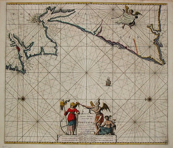 Keulen, J. van., Nieuwe Paskaart Van de Kust van Portugal beginnende 3 a 4 Myl Benoorde C. Roxeur, tot aen C.d.S.Vincente., antique map, old maps