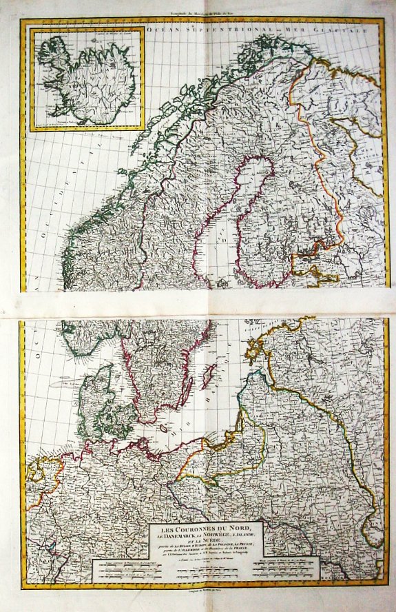 Delamarche, C.F./ D. Robert de Vaugondy., LES COURONNES DU NORD, le Danemarck, la Norwège, l' Islande, et la Suède. partie de la Russie d' Europe, de la Pologne, la Prusse, partie de l' Allemagne et des Frontières de la France., antique map, old maps