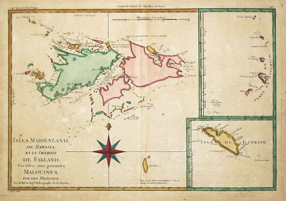 Bonne, R., Isles Maidenland, de Hawkins et le Détroit de Falkland. / Isle de Géorgie. / Terre de Sandwich., antique map, old maps