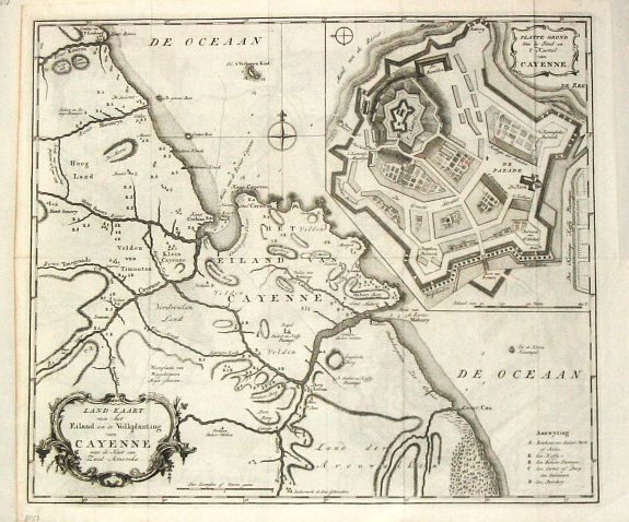 Tirion, I., Land-kaart van het Eiland en de Volkplanting van Cayenne aan de Kust van Zuid-Amerika., antique map, old maps