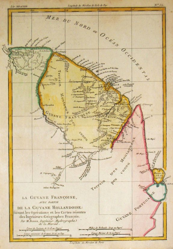 Bonne, R., La Guyane Françoise, avec partie de la Guyane Hollandoise., antique map, old maps