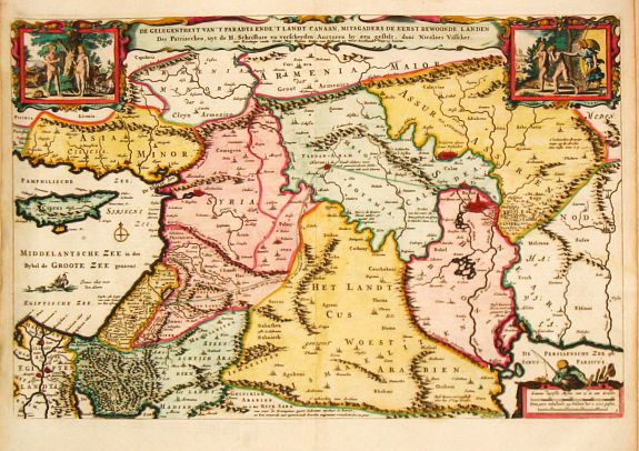Visscher, N., De Gelegenheyt van 't Paradys en 't Landt Canaan, mitsgaders de eerste bewoonde landen der Patriarchen? door Nicolaes Visscher.met Privilege vande Groot Mog: Heeren van Hollandt en West-Frieslandt voor 15 Jaaren. Broeck sculpsit., antique map, old maps
