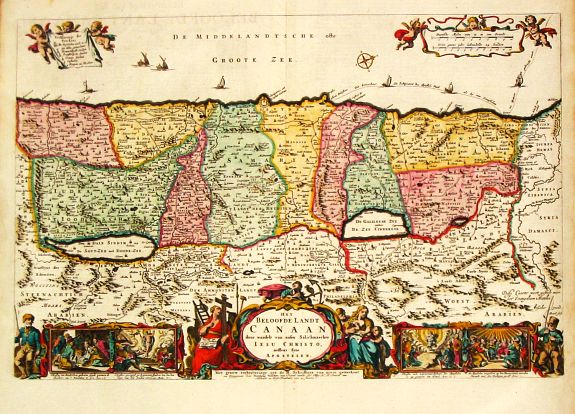 Visscher, N., Het Beloofde Landt Canaan door wandelt van onsen Salichmaecker Iesus Christo, neffens syne Apostelen., antique map, old maps
