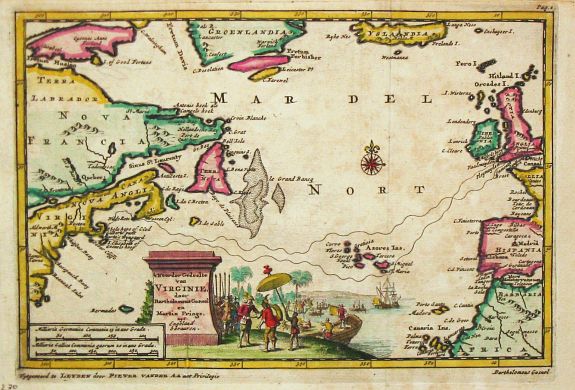 Aa, P. van der., 't Noorder Gedeelte van Virginie door Bartholomeus Gosnol en Martin Pringe uyt England bevaaren, antique map, old maps
