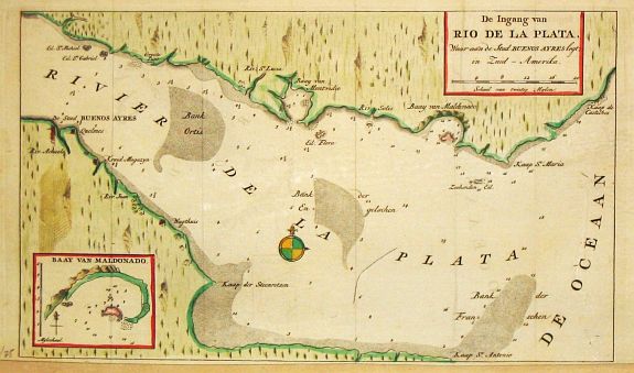 TIRION, I., De Ingang van Rio de la Plata, Waar aan de Stad Buenos Ayres ligt, in Zuid-Amerika., antique map, old maps