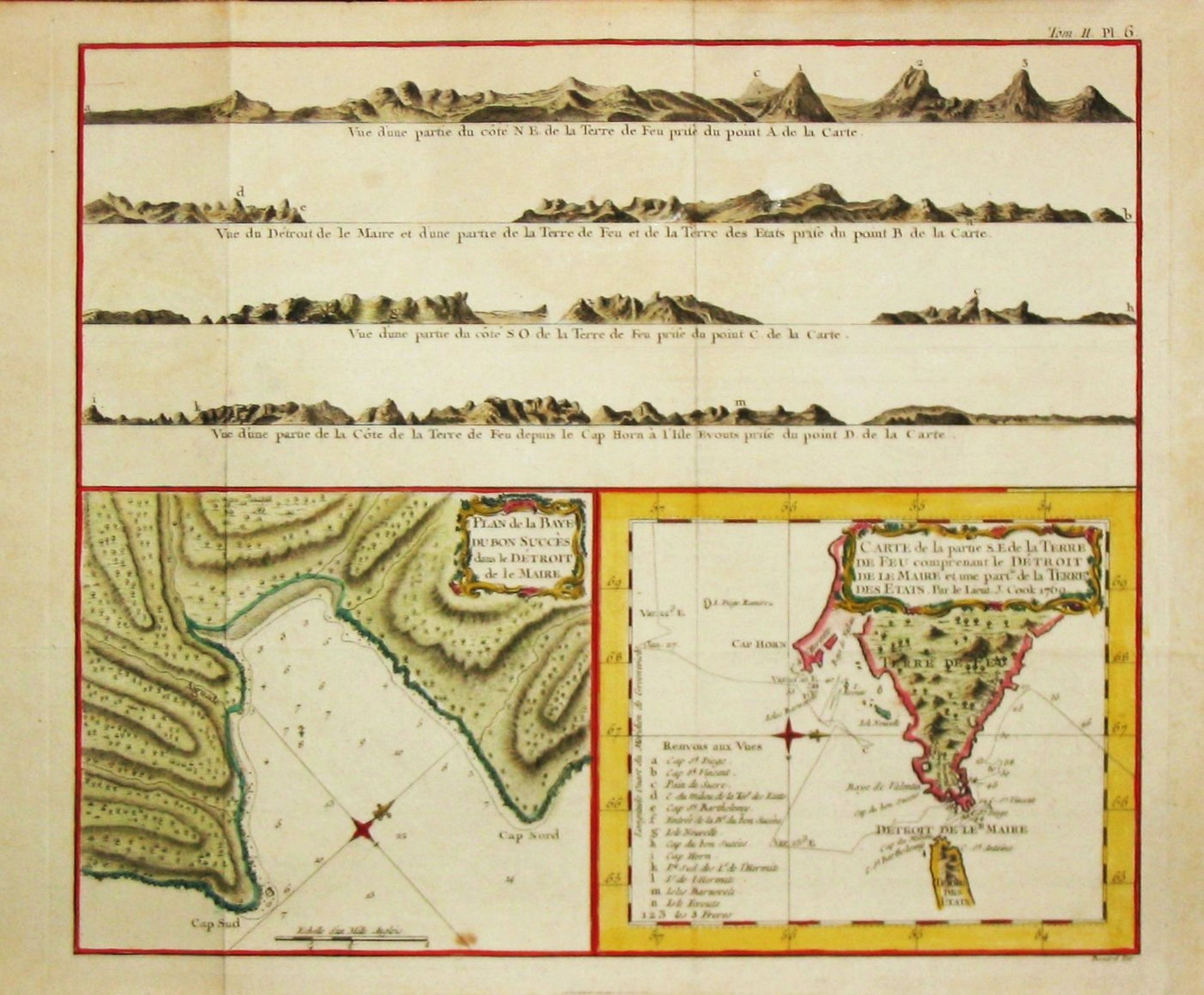 Cook, J., Carte de la Baye du Bon Succès dans le Détroit de le Maire./ Carte de la partie S.E. de la Terre de Feu comprenant le Détroit de le Maire et une part.ie de la Terre des Etats. 1769., antique map, old maps