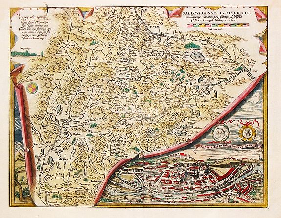 Ortelius, A., Salisburgensis Iurusdictionis. Inset: Urbis Salisburgensis genuina descriptio. , antique map, old maps