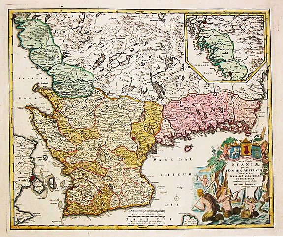 Homan, J.B., Nova Tabula Scaniae, que est Gothia Australis Provincias Scaniam, Hallandiam et Blekingiam., antique map, old maps