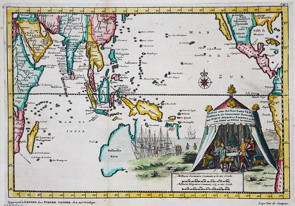 Aa, P. van der., Indien onder den Heer Lopo Vaz Sampayo, als Gouverneur Generaal tot aan Nieuw-Spanje in America en kusten van Peru en Chili bevaaren., antique map, old maps