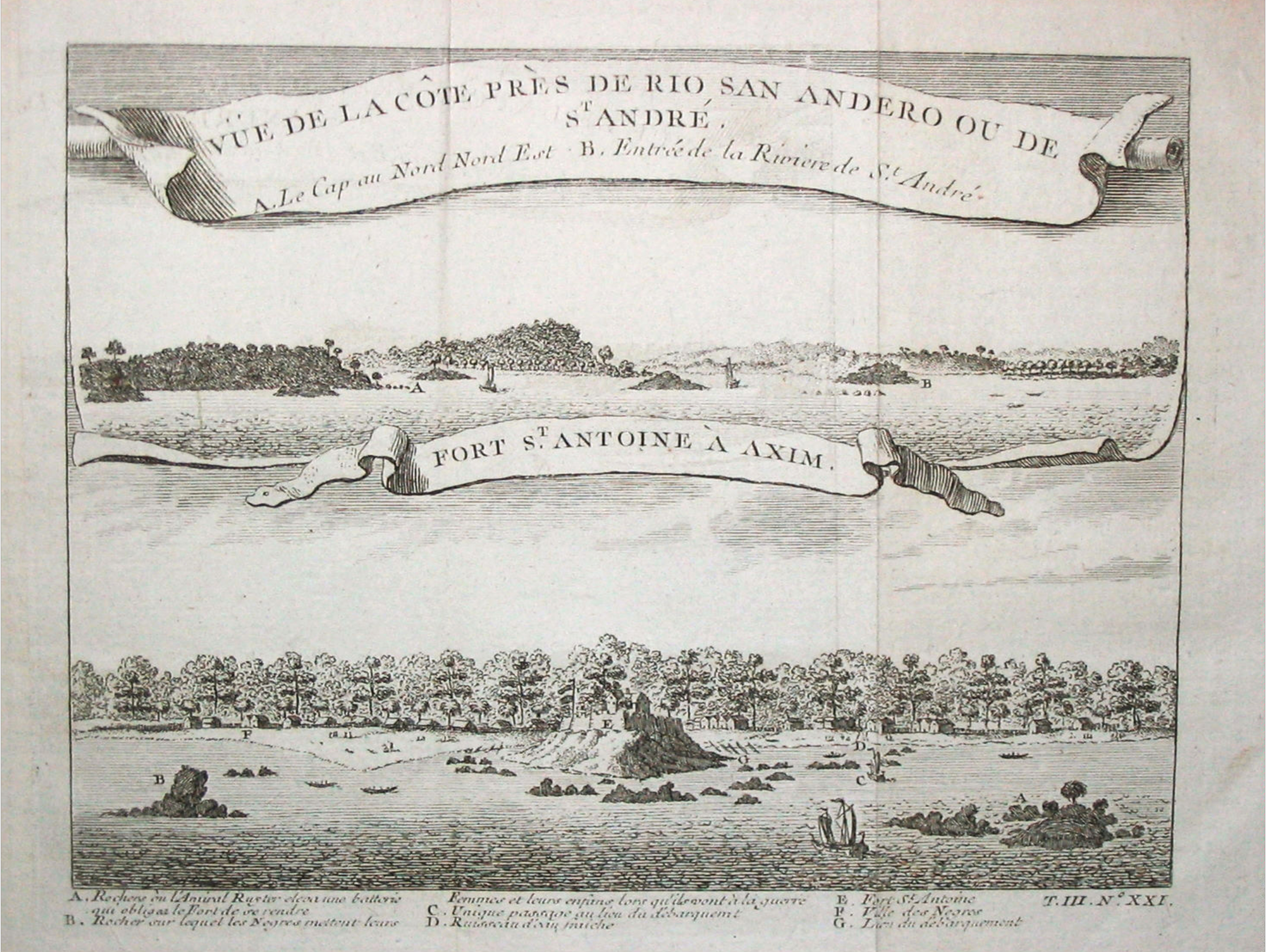 BELLIN, J.N., Vue de la cote pres de Rio San Andero ou de St. Andre. / Fort St. Antoine a Axim.Plus 4 similar plans / maps of the same area, antique map, old maps