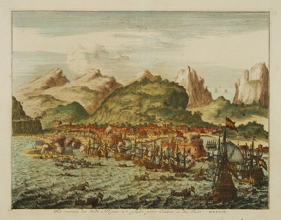COMMELIN, Het veroveren der stadt Allegona in 't eylandt groot Canaria, in den Jaere MDXCIX., antique map, old maps