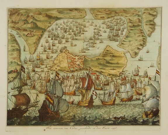 COMMELIN, Het innemen van Cadix, geschiedt in den Jaere 1596., antique map, old maps