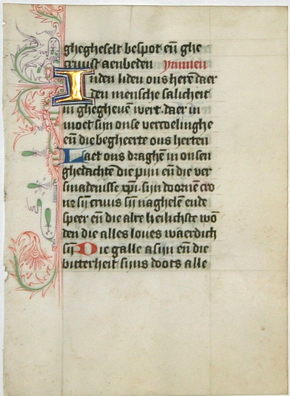 BOOK OF HOURS, Leaf on vellum from a Dutch manuscript Book of Hours., antique map, old maps