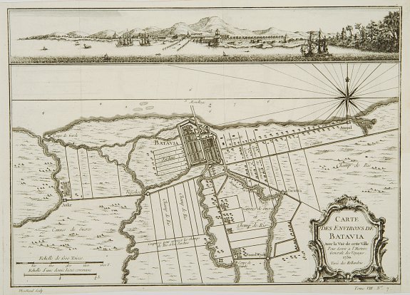 VAN SLEY,J., Carte des environs de Batavia avec la vuë de cette ville., antique map, old maps