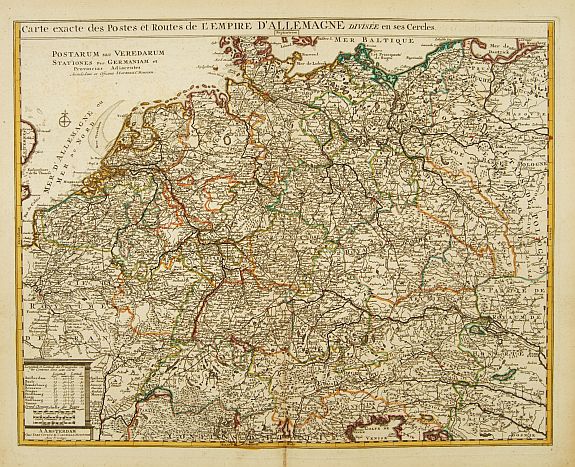 COVENS, J. / MORTIER, C., Carte exacte des Postes et Routes de l' Empire d' Allemagne divisee en ses Cercles.., antique map, old maps