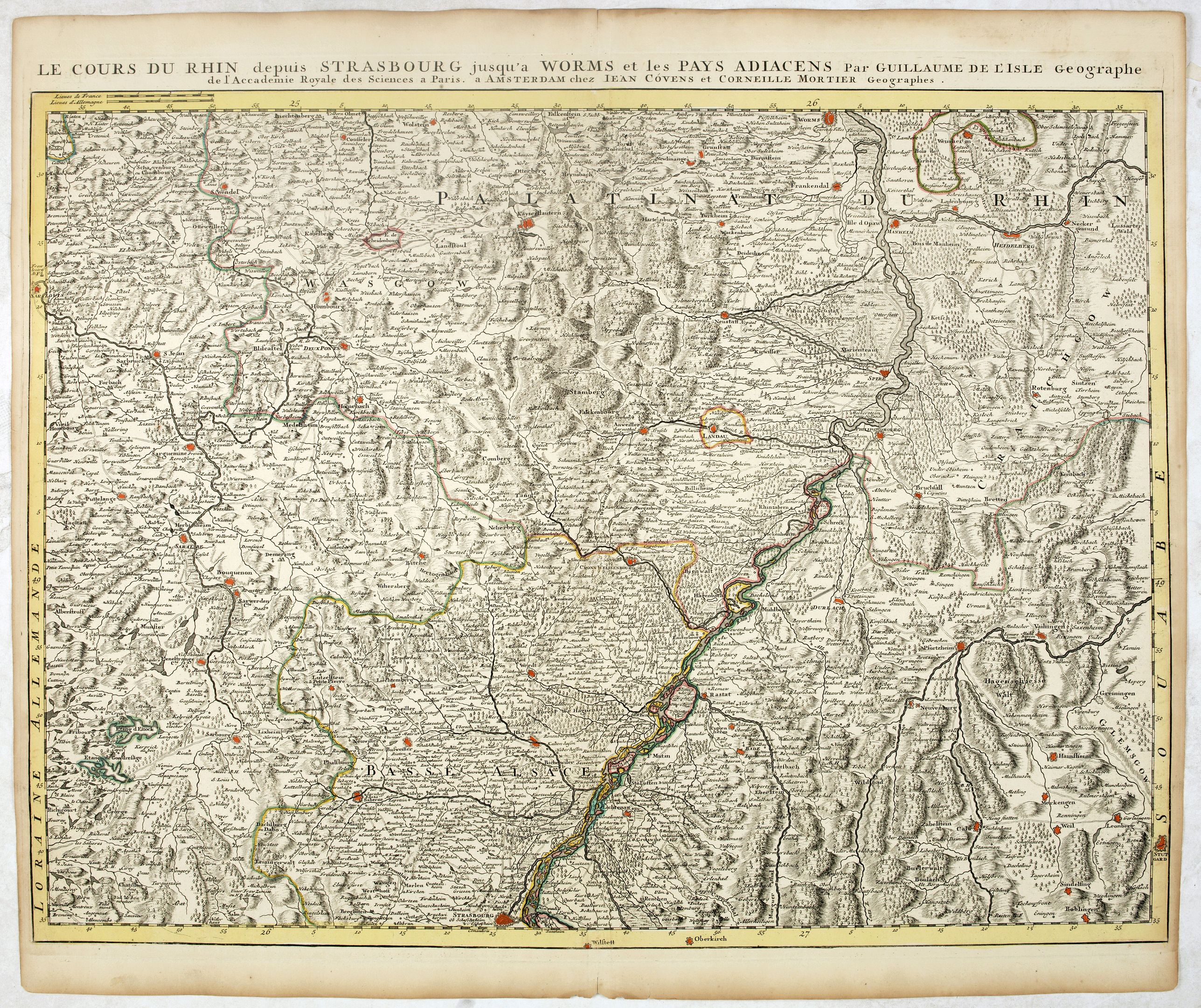 COVENS, J. / MORTIER, C., Le Cours du Rhin depuis Strasbourg jusqu'à Worms et les Païs Adjacens., antique map, old maps