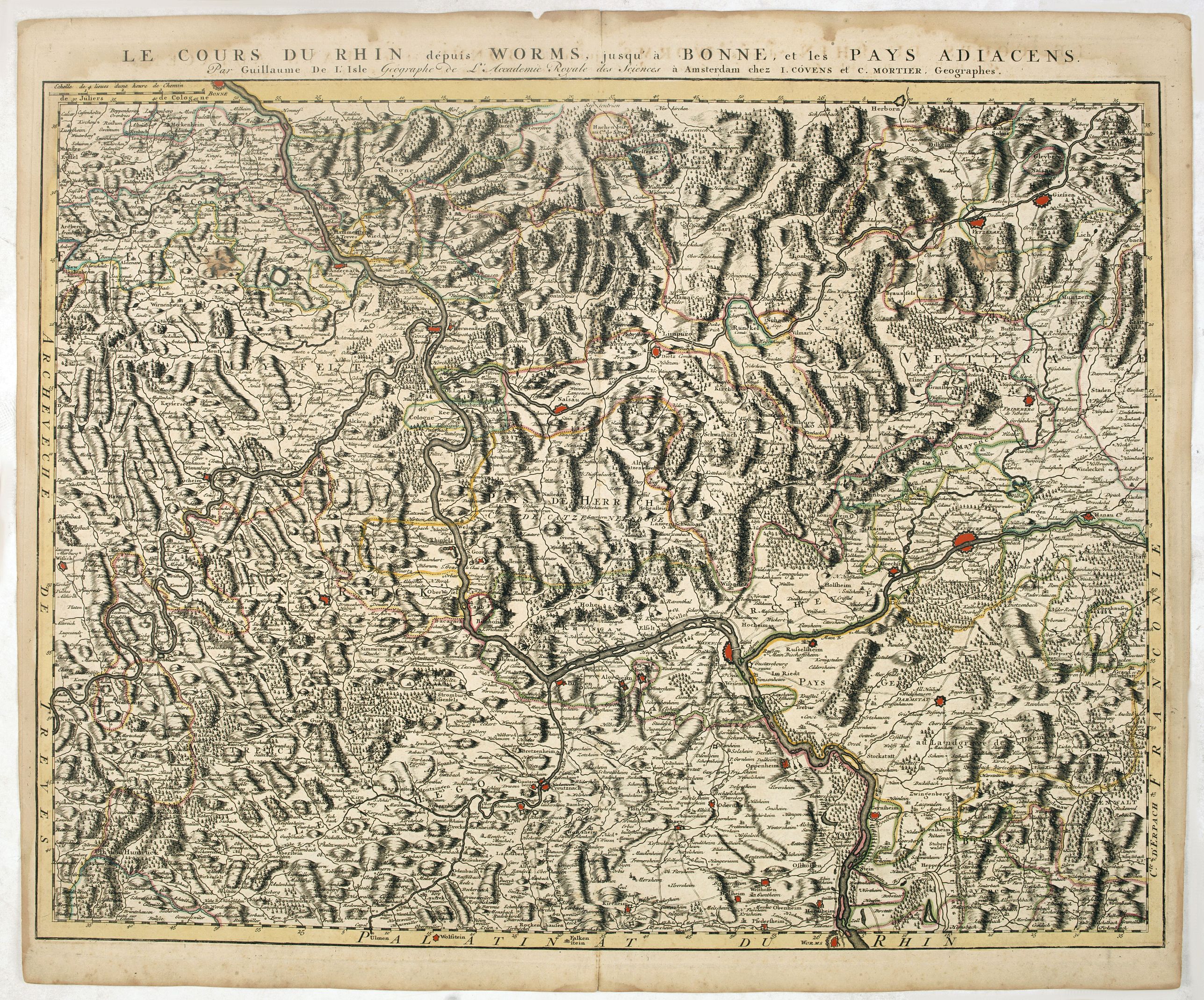COVENS, J. / MORTIER, C., Le Cours du Rhin depuis Worms jusqu'à Bonne, et les Païs Adjacens., antique map, old maps