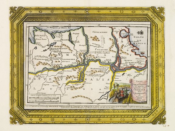 VAN DER AA,P., Land en volk-ondekking in't noorder gedeelte van America door P.Marquette en Joliet., antique map, old maps