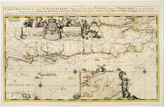 DE HOOGHE,R., Carte nouvelle des costes d'Angleterre depuis la riviére de la Tamise jusques à Portland, & des Isles voisines.., antique map, old maps