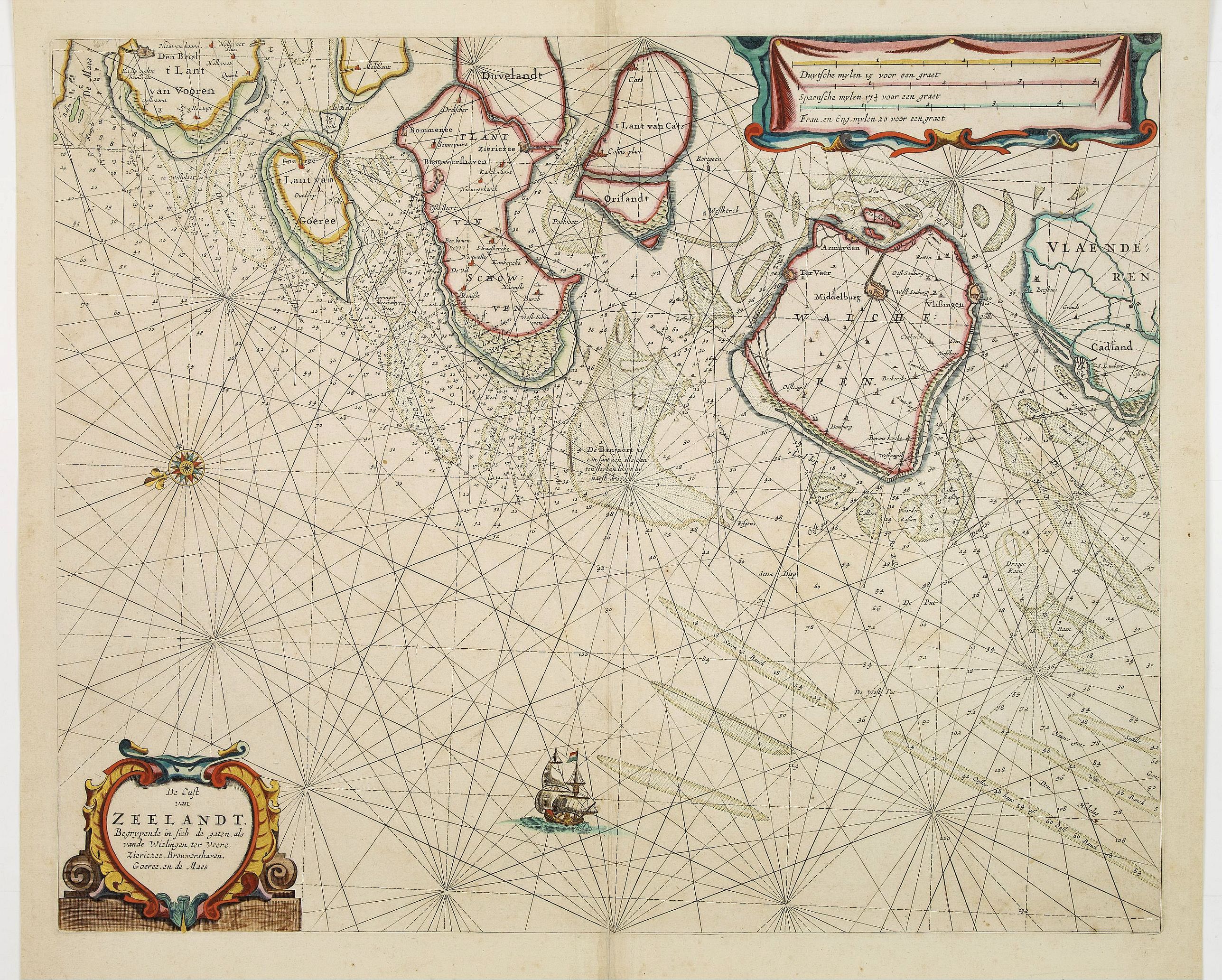 GOOS,P., De Cust van Zeelandt begrypende in sich de gaten als vande Wielingin, ter Veere. Ziericzee.., antique map, old maps