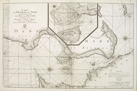 DÉPOT DE LA MARINE, Carte du detroit du Sond contenant les costes de L'Isle de Zélande comprises entre Nicopen et l'Isle de Meun, et celles du Schonen .., antique map, old maps