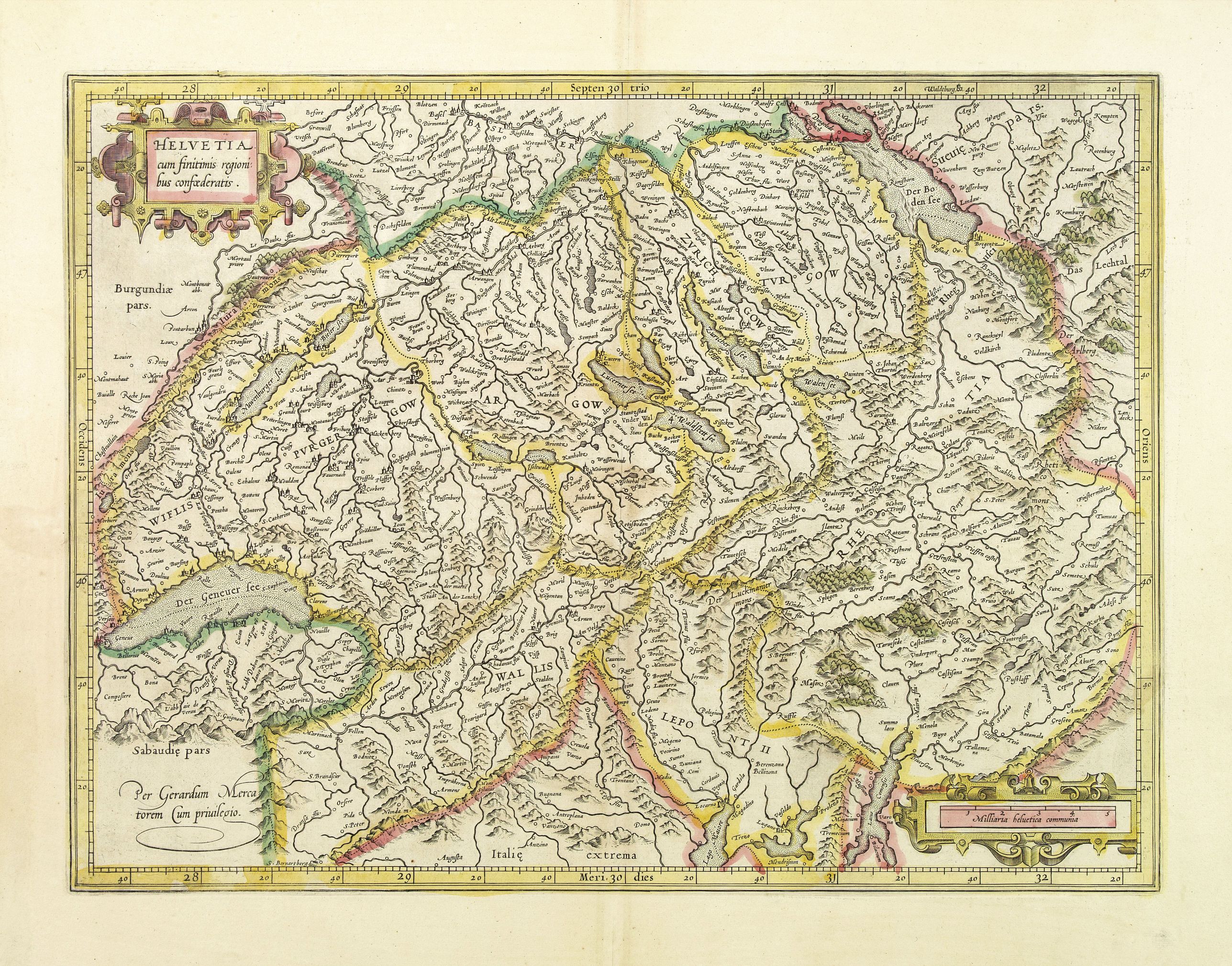 MERCATOR, G. / HONDIUS, J., Helvetia cum finitimis regionibus confoederatis., antique map, old maps