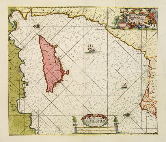 KEULEN,J., Paskaart van 't Oosterste deel vande Middellantsche Zee Vervattende de Zee-kusten van Caramania Cyprus Soria en Aegiptia., antique map, old maps
