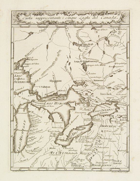 GAZZATIERE AMERICANO., Carta Rappresentante I cinque Laghi del Canada., antique map, old maps