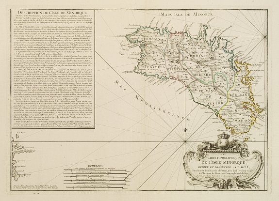 BEAURAIN, Jean Chev. De, Carte topographique DE L'ISLE MINORQUE, Dédiée et présentée au Roy .., antique map, old maps