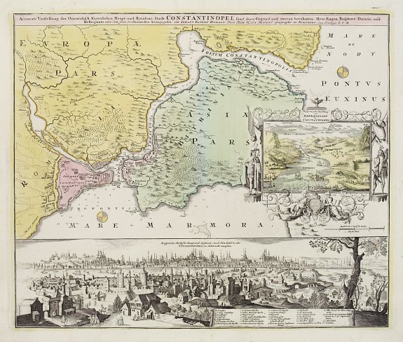 HOMANN,J.B., Accurate Vorstellung der Orientalisch Kayserlichen Haupt- und Residenz-Stadt Constantinopel samt ihrer Gegend und zweven berühmten Meer-Engen Bosphoro Thracio und Hellsponto., antique map, old maps