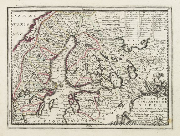 CHIQUET, J., Estats de la Couronne de Suede dans la Scandinavie, ou sont Suede, Gotlande, Lapponie Suedoise, Finlande, Ingrie et Livonie. Subdivisees en leurs Provinces.., antique map, old maps