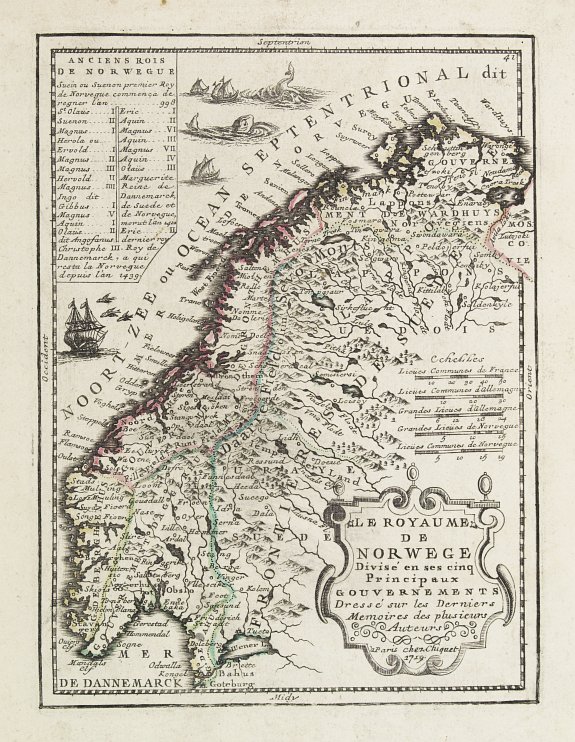 CHIQUET, J., Le Royaume de Norwege Divisé en ses cinq Principaux Gouvernements.., antique map, old maps