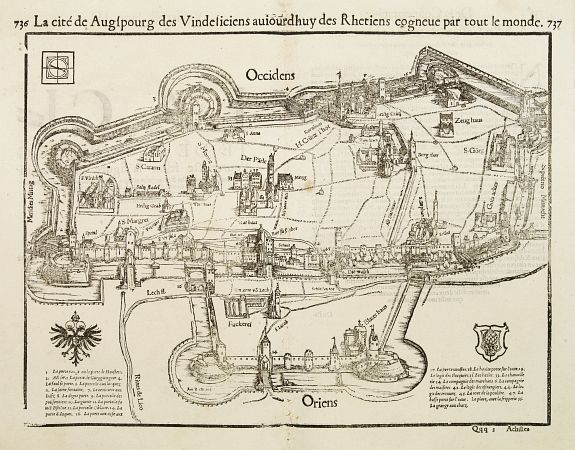 MÜNSTER,S., La cité de Augspourg des Vindeliciens auiourdhuy des Rhetiens cogneue par tout le monde., antique map, old maps