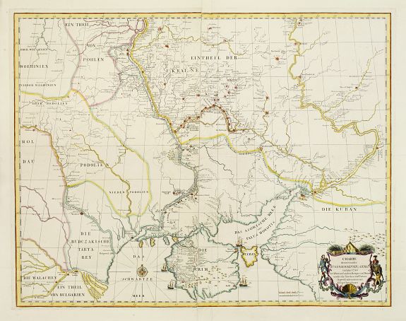 AKADEMIE VON WISSCHENSCHAFTEN, Charte derer von der Russischkeyser Armee im Jahr 1736 zwischen und an dem Dnieper und Donn wieder die Turcken und Tartarn siegreich unternommenen Kriegs-Operationen., antique map, old maps
