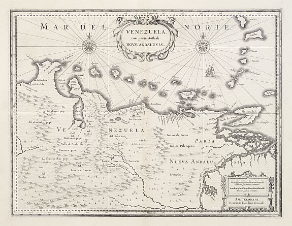 HONDIUS,H., Venezuela cum parte Australi Novae Andalusiae., antique map, old maps