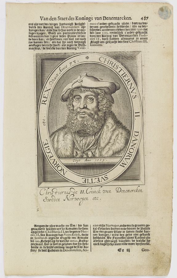 DE CLERCK, N., Christiernus II. Danorum Svetie Norvegie etc. Rex. Vixit Annos 78., antique map, old maps