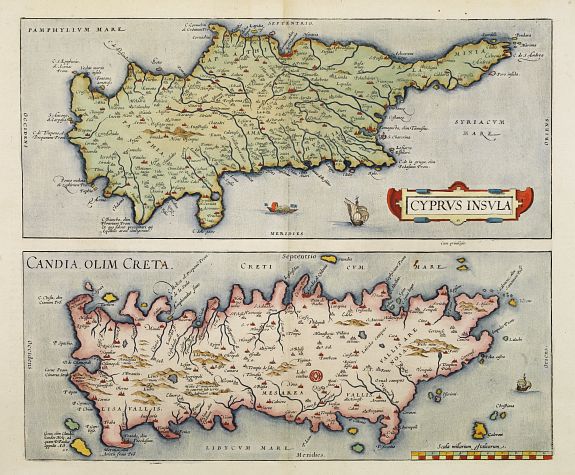 ORTELIUS,A., Cyprus Insula / Candia, Olim Creta., antique map, old maps