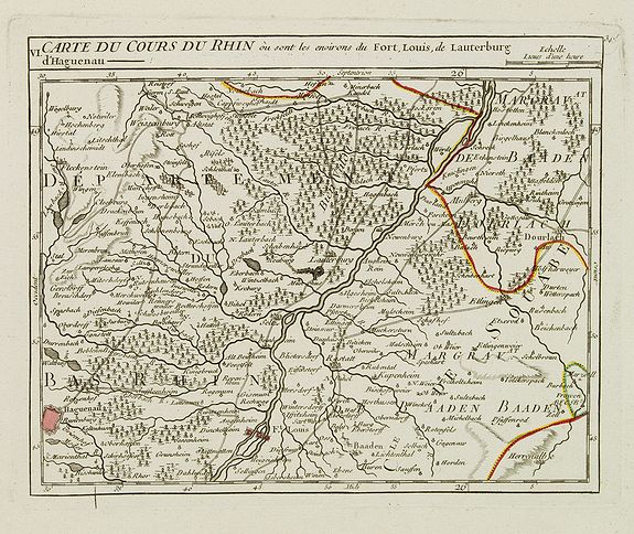 VAUGONDY, R. de, VI. Carte du Cours du Rhin où sont les environs du Fort, Louis, de Lauterburg d'Haguenau., antique map, old maps